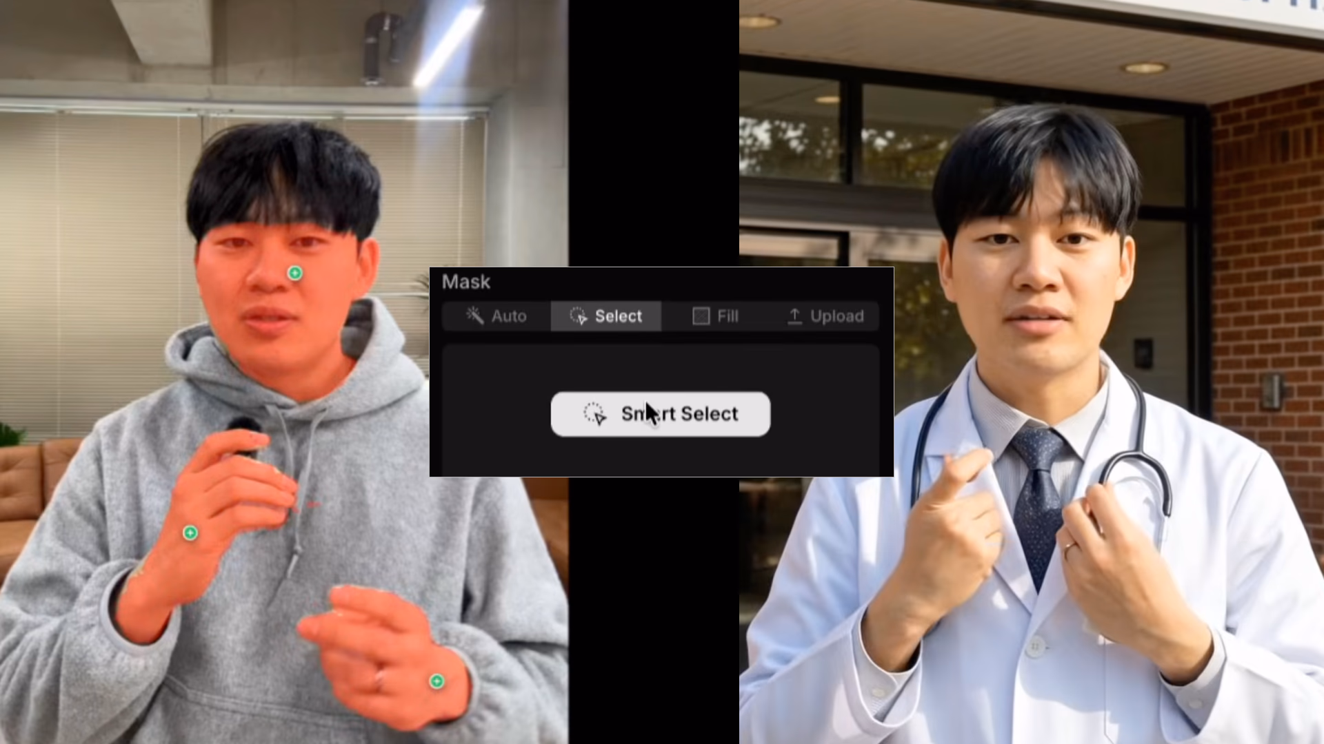 SwitchX Select mode isolating face and hands while transforming outfit and background