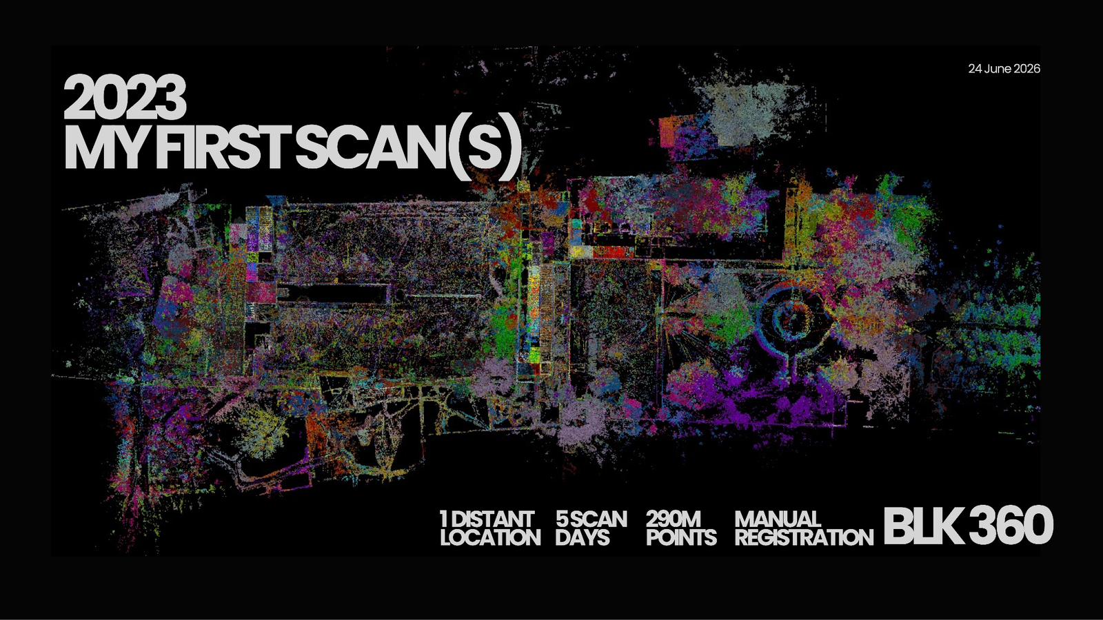 A 2023 point-cloud capture made with a Leica BLK360 — one location, five scan days, 290 million points, manual registration