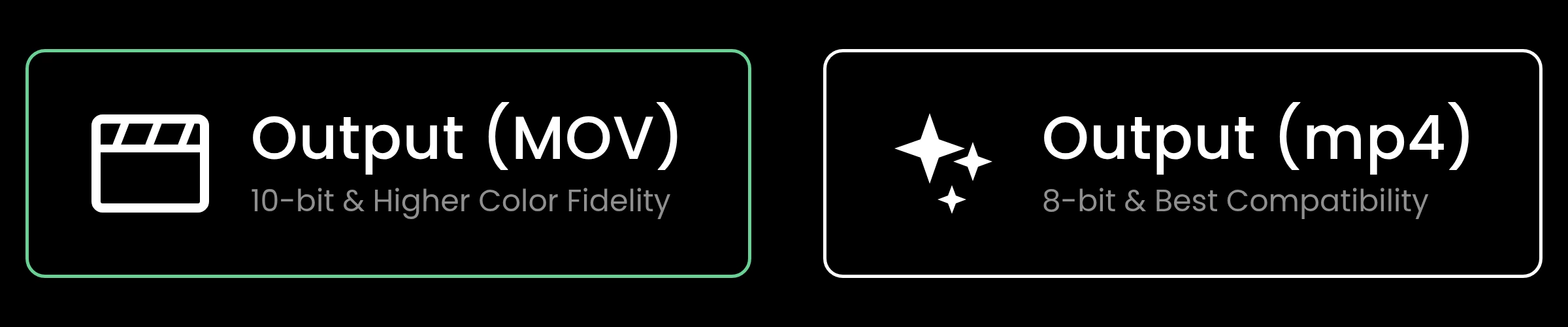 Two download formats: Output MOV at 10-bit with higher color fidelity, and Output mp4 at 8-bit for best compatibility