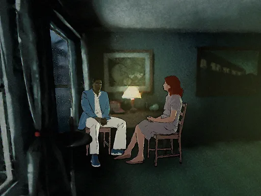 Rotoscoped animation still from The Month Between April and May: two characters seated in a dimly lit room.