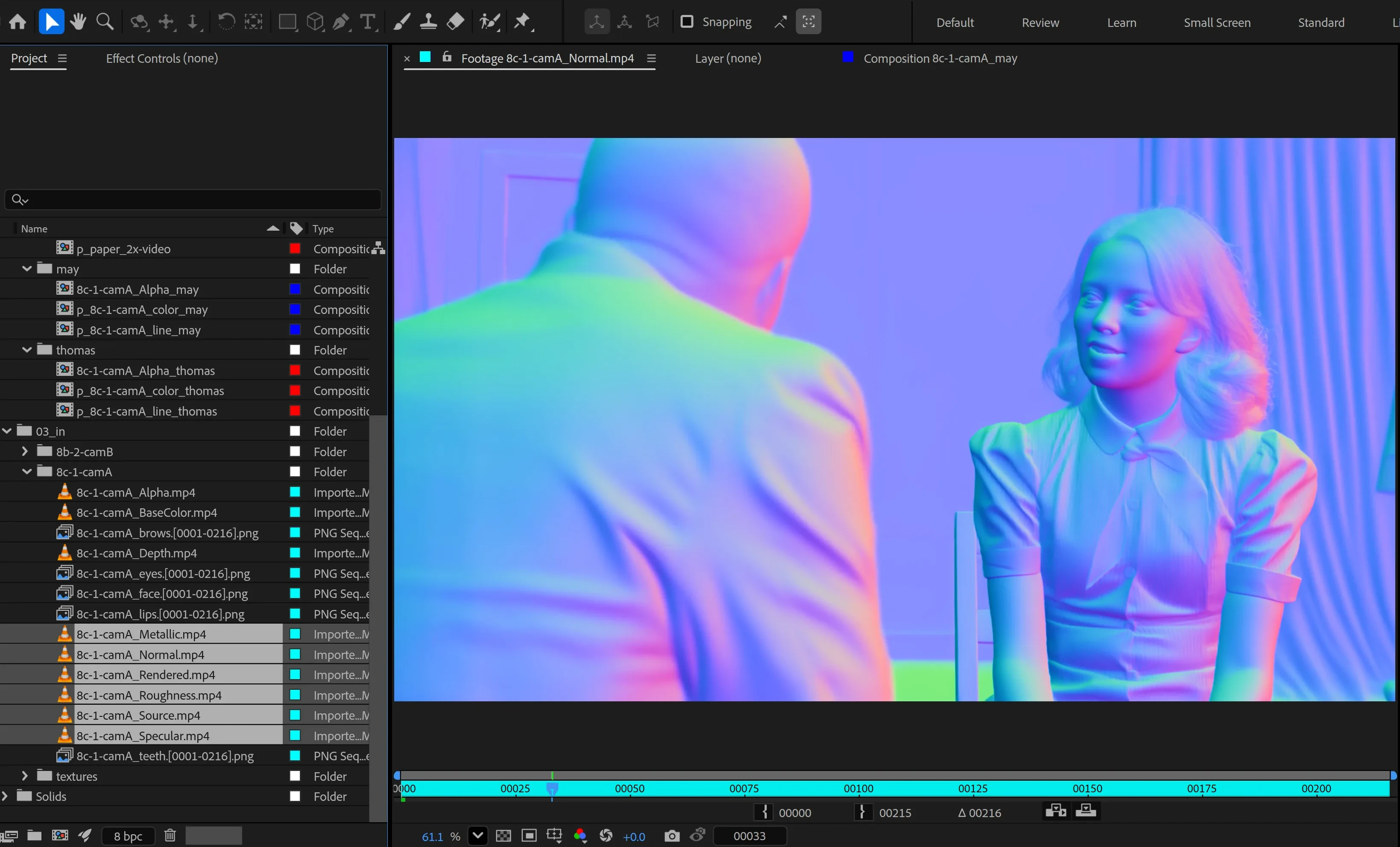 Beeble PBR passes (albedo and normal maps) loaded into an After Effects compositing timeline.