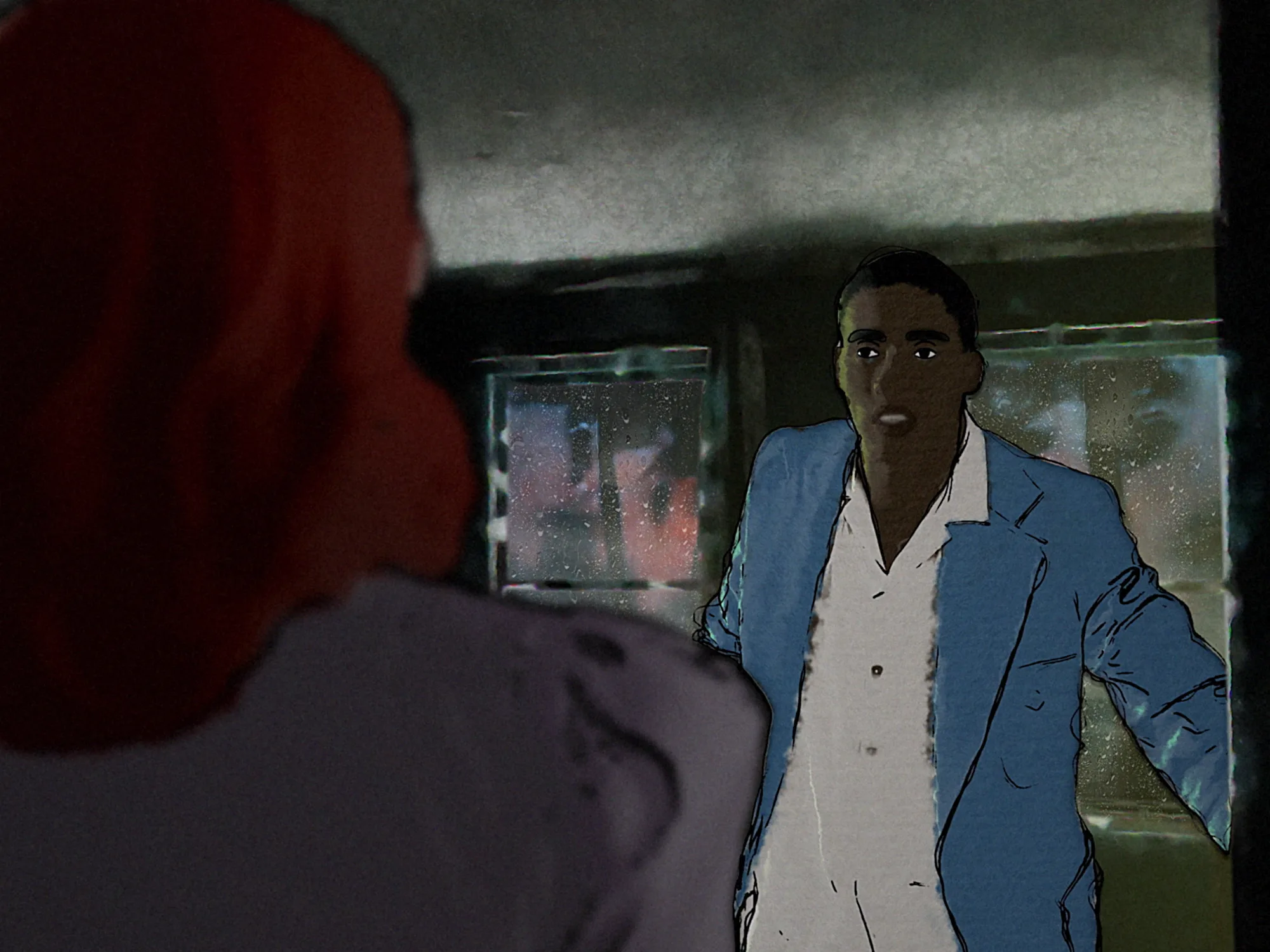 Rotoscoped window scene: a character lit by soft light from a rain-streaked window.